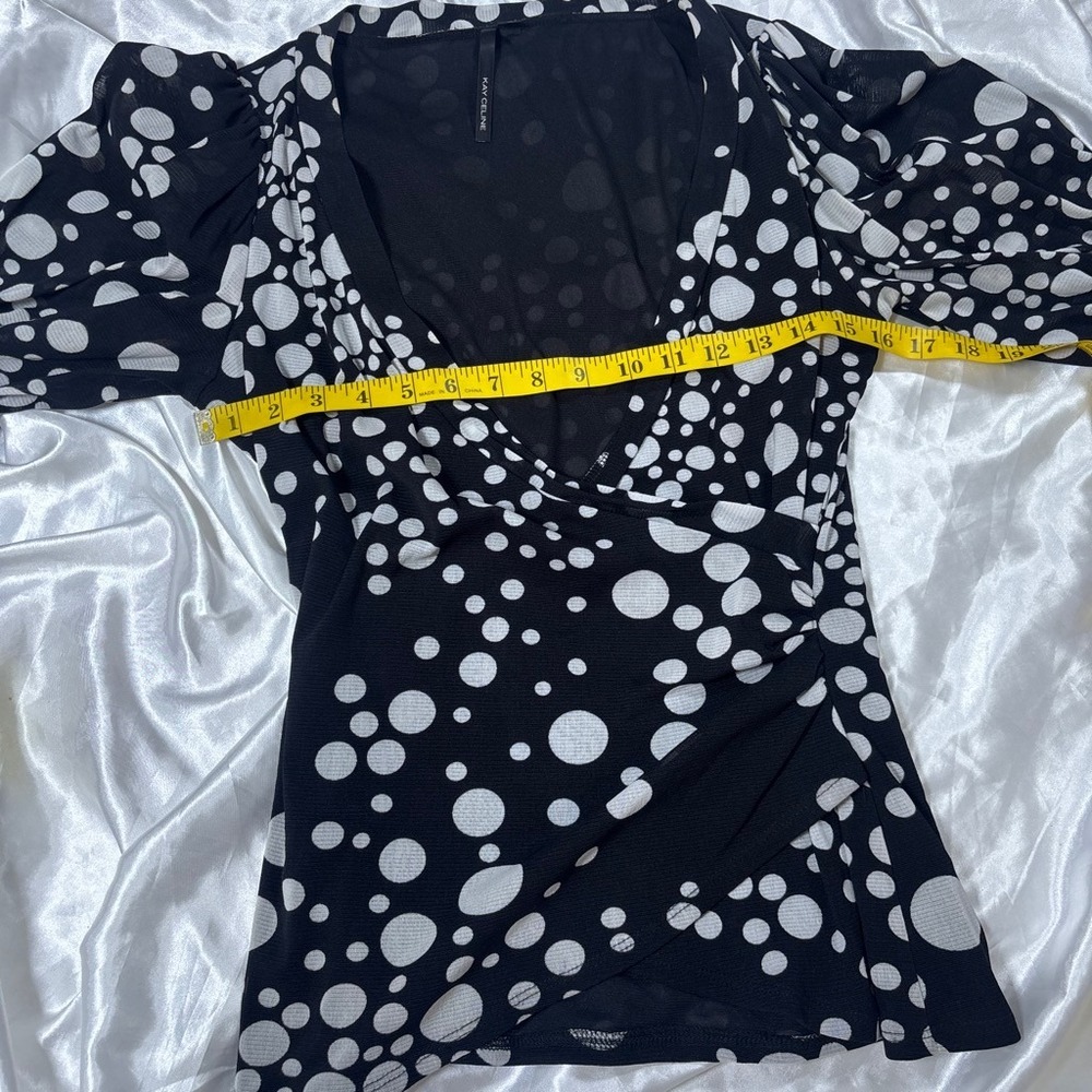 y2k Kay Celine Wrap Top Black White Polka Dot V-Neck Blouse - Picture 4 of 5